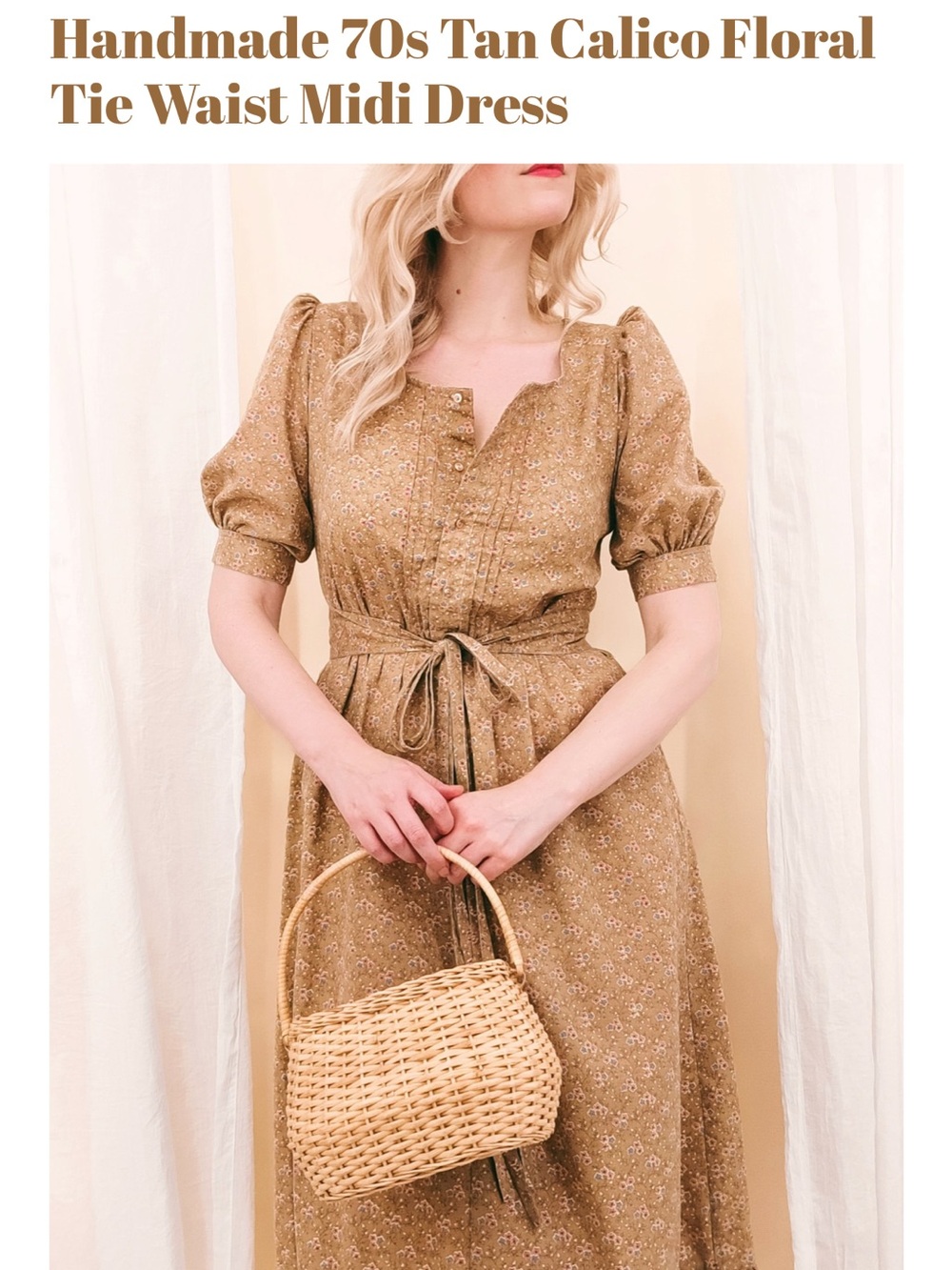 Handmade 70s Tan Calico Floral Tie Waist Midi Dress